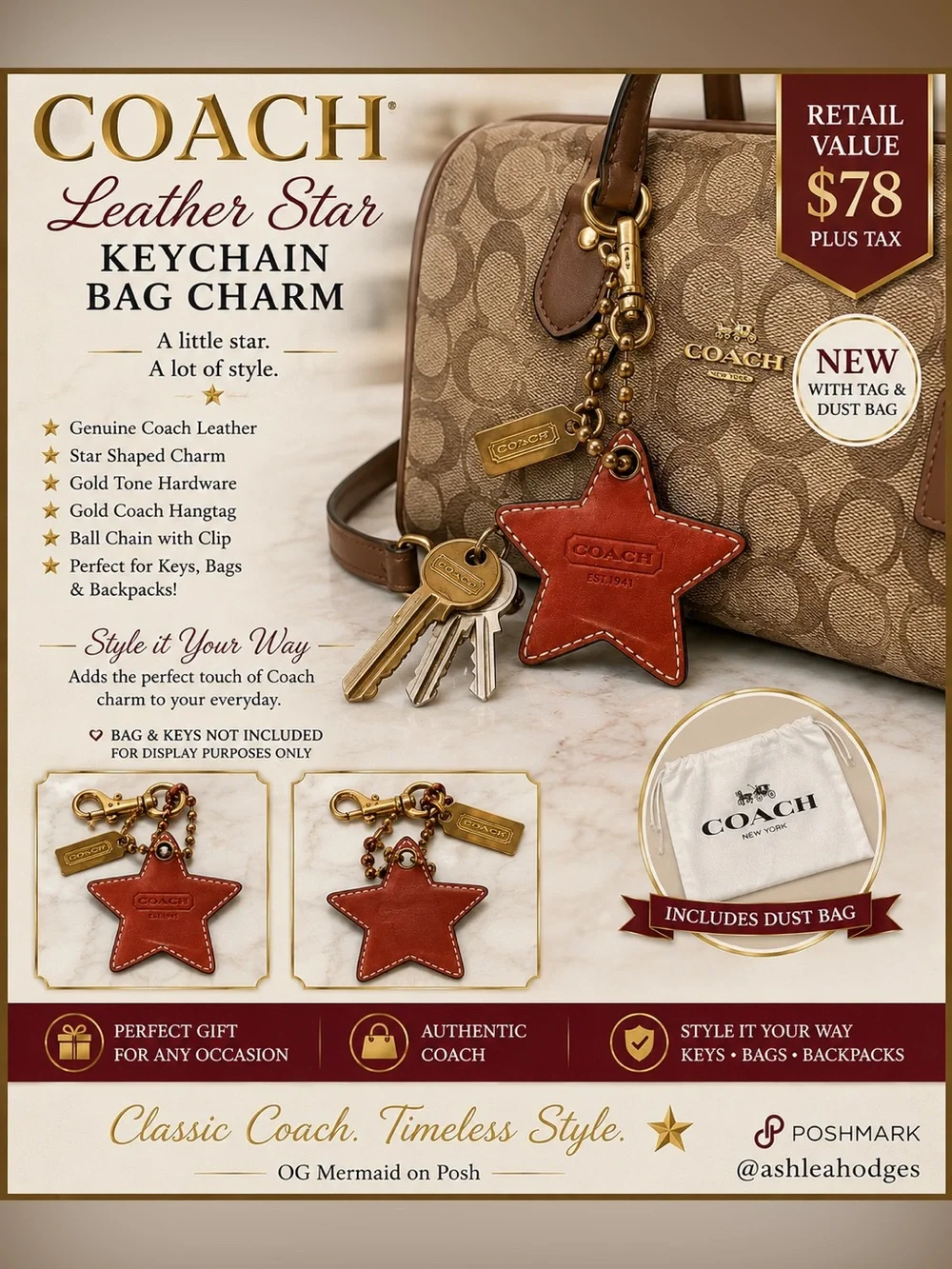 Coach Leather Star Keychain Bag Charm Burnt Orange GUC